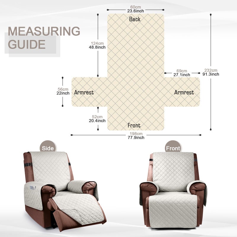 KinCam 100% Waterproof Recliner Chair Cover  Reclining Couch Covers for Pets  Dogs  Recliner Couch Slipcover Furniture Protector with Elastic Straps for Kids(23.6""  Beige White) - Image 3
